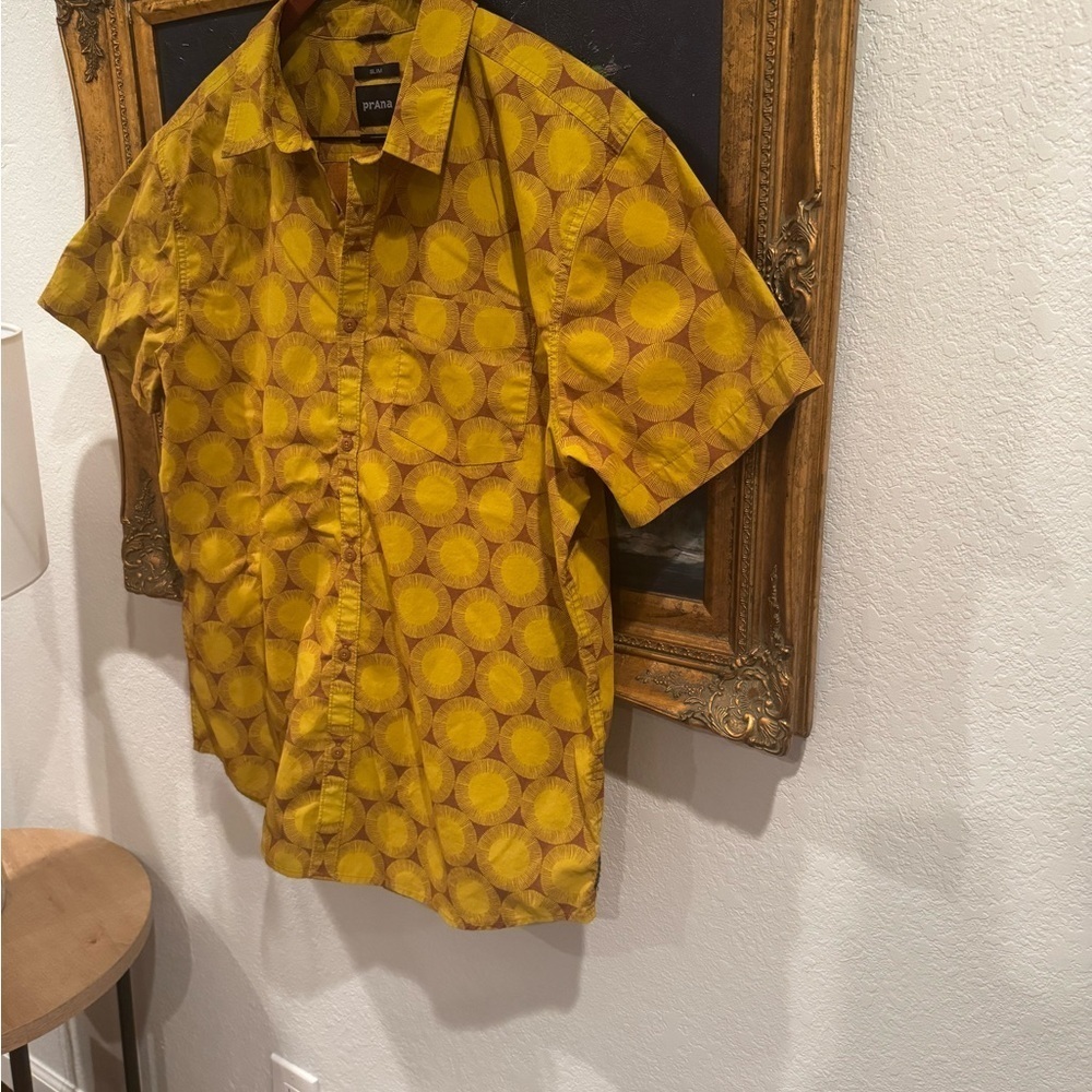 PRANA Yellow Colorful Summer Slim Fit Organic Cotton Short Sleeve Button Down XL - Picture 3 of 7